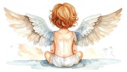 Fototapeta premium Cute baby angel with fluffy wings sitting with back turned, hand drawn watercolor style illustration on white background, isolated character for nursery art