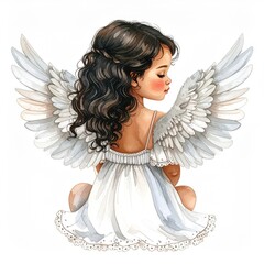 Fototapeta premium Cute baby angel with fluffy wings sitting with back turned, hand drawn watercolor style illustration on white background, isolated character for nursery art