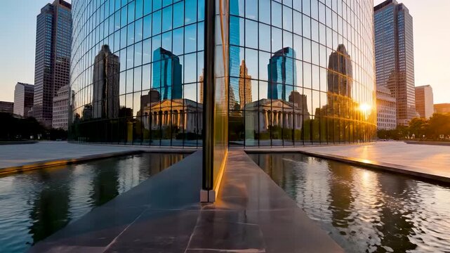 Mirrored glass skyscraper reflecting financial district at golden hour sunrise with recursive city reflections and serene urban symmetry