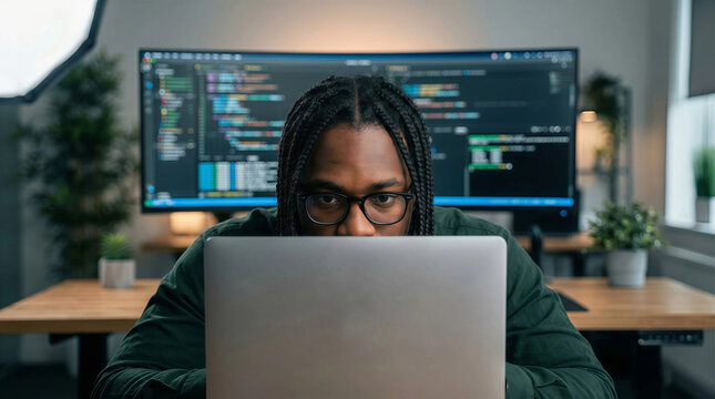 Young focused programmer looking at a laptop with computer screens in the background for software development work