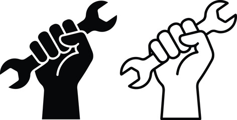 Obraz premium Hand with wrench cartoon icons, editable vector clipart, labor symbol, fist silhouette, outlined design, strength, work, mechanical, empowerment