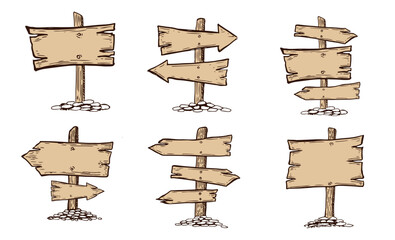 Aged rough wood signpost plate. Wooden pointer hand drawn illustration on white.	
