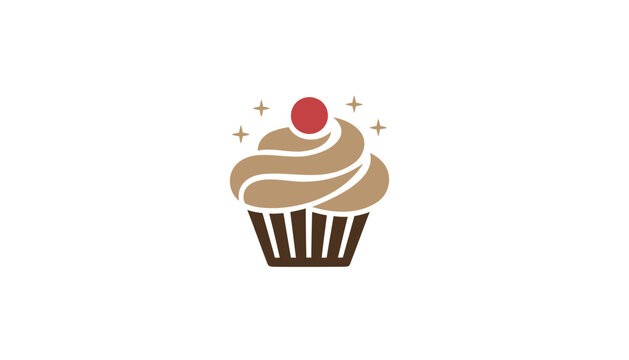 Vector cupcake icon with brown frosting and red cherry, for bakery logo or dessert menu, isolated on transparent background, png