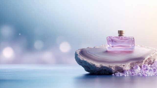 Polished agate podium with perfume bottle against a backdrop of amethyst crystals and mist.