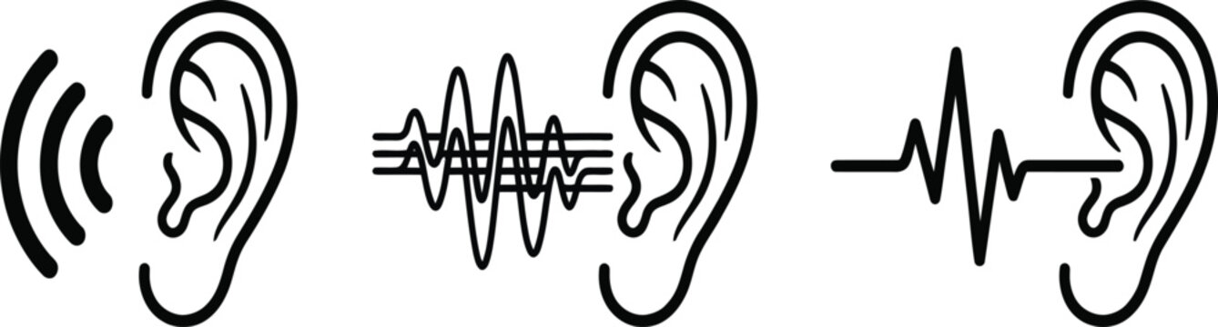 Set of ear hearing sound wave icons on transparent background