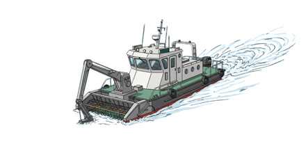 Naklejka premium Industrial boat collecting debris from water surface with a mechanical arm