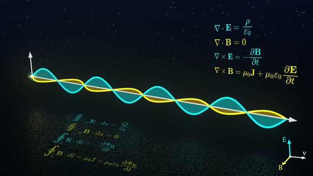 3D Visualization of Electromagnetic Wave Propagation and Maxwell's Equations - Ultra High Resolution 20K Logic Art in Starlit sky