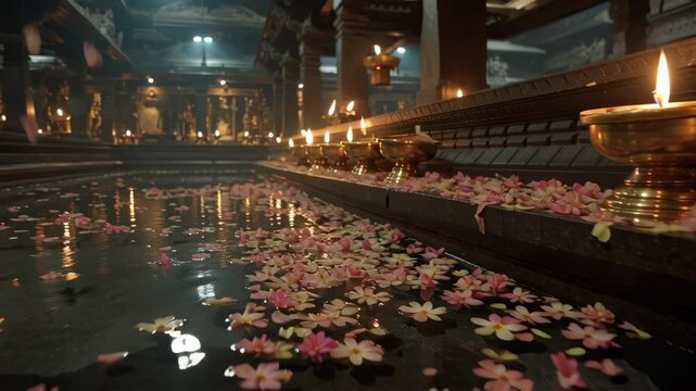 Sacred Hindu Temple Interior with Floating Flower Petals  Lit Oil Lamps  and Traditional Decorations for Religious Worship and Spiritual Rituals