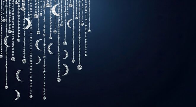 Midnight blue background with hanging silver moon and beaded strings ramadan kareem islamic eid mubarak background download 2026 2027