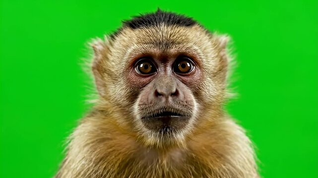 Close-up of a Surprised Capuchin Monkey Reacting on Green Screen Background
