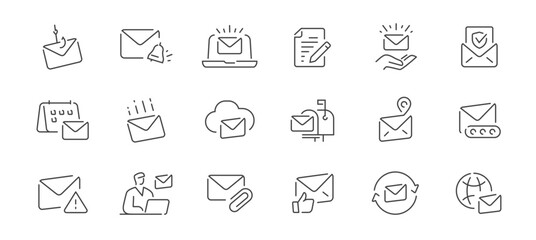 Email and mail line icons set for web, ui, business communication, notifications