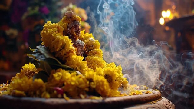 Sacred Vishnu idol adorned with yellow marigold flowers during Ekadashi festival in a traditional Hindu temple setting