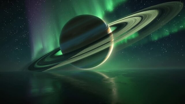 cinematic 4K stock video, time-lapse massive ringed planet crossing night sky, auroras reacting dynamically gravitational energy, multicolored green purple aurora waves, reflective alien lake surface