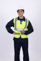 Construction manager in safety vest holding digital tablet
