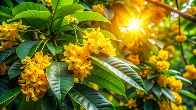 Golden rumduol flowers on a tropical tree, lush Cambodian forest background, warm humid atmosphere, sunlight filtering through leaves