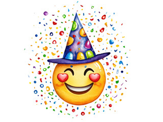 A happy smiling emoji wearing a party hat amidst colorful confetti, perfect for festive occasions