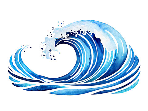 Watercolor depiction of a massive ocean wave crashing against the shore