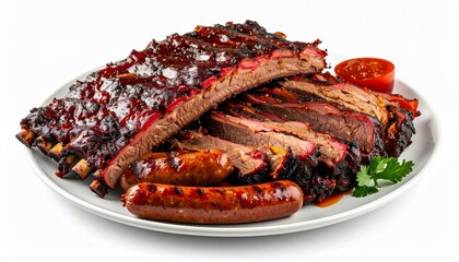 Smoked beef brisket slices and ribs with barbecue sauce dip