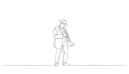 Obraz premium Continuous line drawing of a man playing a trumpet, simple vector illustration for music or entertainment concept, isolated on transparent background, png