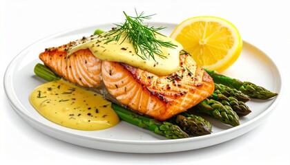 Grilled salmon fillet with hollandaise sauce and green asparagus spears
