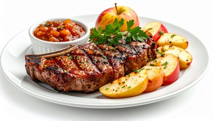 Grilled pork chop with roasted apples and vegetables on plate