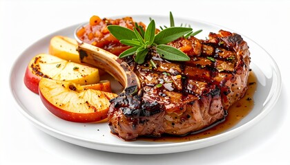 Grilled beef steak with roasted apple and fresh tomato sauce