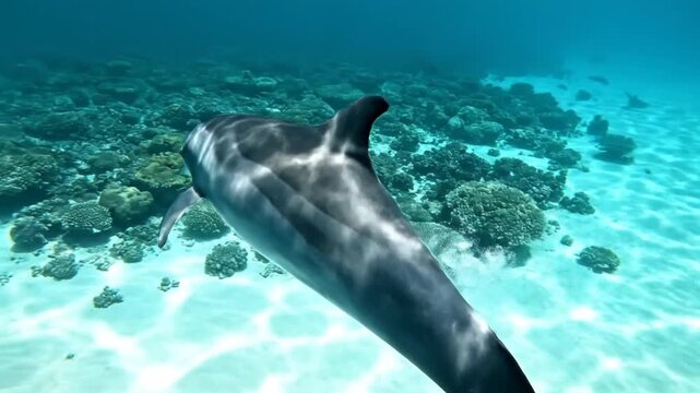 Dolphin swimming gracefully over a coral reef in clear blue ocean water, capturing the beauty of marine life and underwater exploration