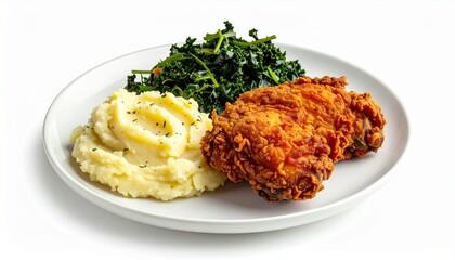 Crispy fried chicken breast with mashed potatoes and green vegetables