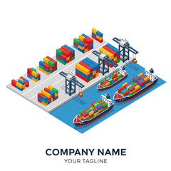 Isometric Shipping Containers and Cargo Ships.