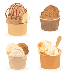 Set of sweet cartoon caramel, chocolate and vanilla ice cream balls in paper cup. Vector hand drawn cold summer dessert illustration isolated on white.