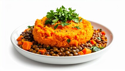Orange Pumpkin Mash Served On Top Of Brown Lentils