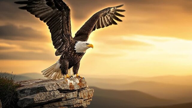 Majestic Bald Eagle Spreading Wings on Rocky Cliff at Sunset