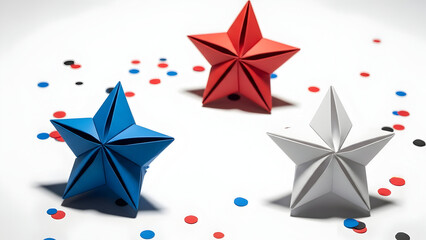 Origami stars in blue red and grey amidst colorful confetti