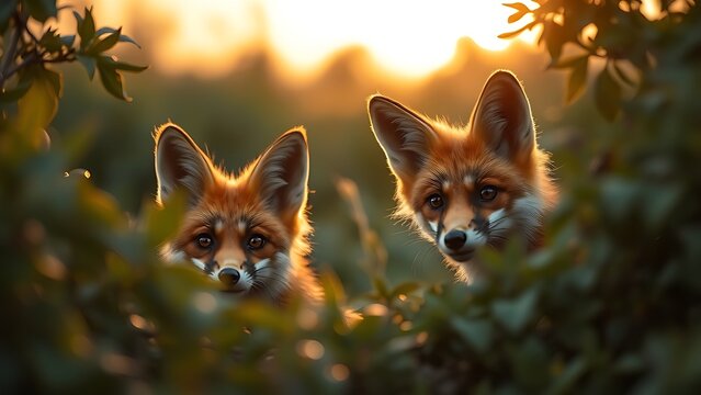 nitroglycerin. Two foxes peeking through dense foliage with playful expressions in golden light. wildlife magazines, conservation campaigns, designed for wildlife conservation campaigns.