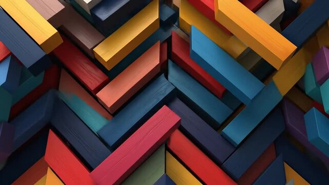 Abstract colorful wooden planks arranged in a geometric herringbone pattern, creating a vibrant background.
