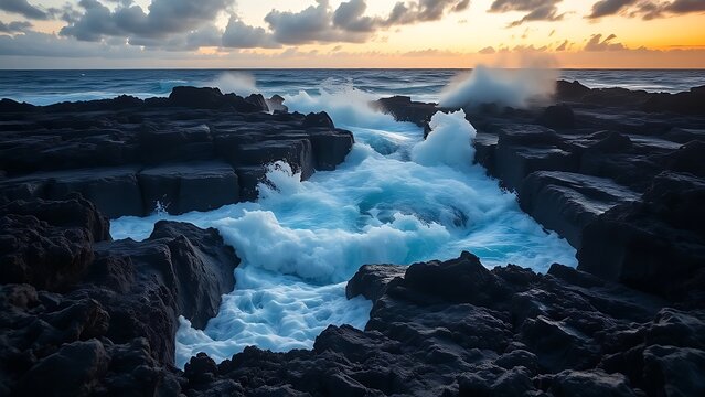 meson. Lava meeting ocean, forming black volcanic rock with rising steam at sunset. inspiring travel planning, travel magazines, designed for travel destination branding, used by nutritionists.