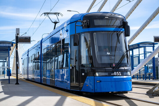 Stadler Tango Lajkonik type tram wagon at Dworzec Płasz&oacute;w Estakada stop in Cracow. MPK Krak&oacute;w Public Transport blue tramway in Cracow on May 12, 2024 in Krakow, Poland.