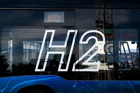 Mercedes-Benz eCitaro Fuel Cell hydrogen bus for MPK Krak&oacute;w Municipal transport company. Zero-emission, H2 eco-friendly public transport autobus in Cracow on May 13, 2024 in Krakow, Poland.