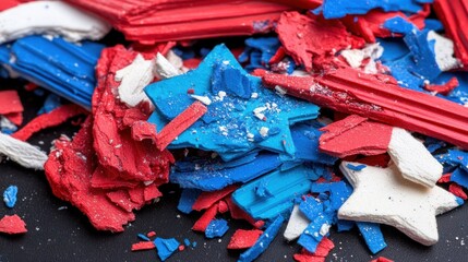 Colorful shards of red, white, and blue star-shaped decorations scattered on a black surface