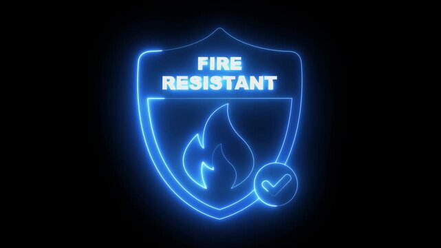 glowing neon fire resistant icon isolated on black background. Fire safety shield icon animation. flame, fireproof. Regulatory compliance. 4k video animation.