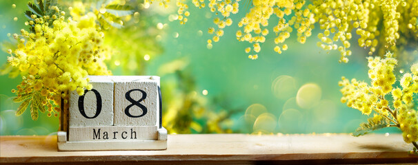 Mimosa For Women Day Abstract Background And Calendar - 8th Of March 