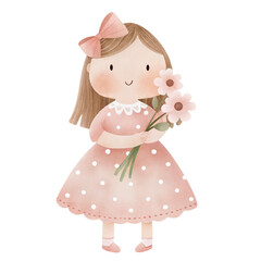 Fototapeta premium Cute pastel girl holding bouquet of flowers illustration