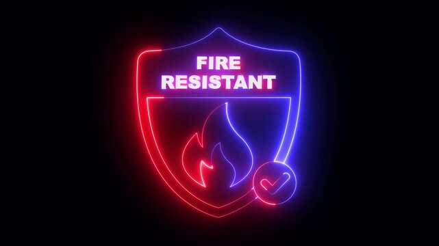 glowing neon fire resistant icon isolated on black background. Fire safety shield icon animation. flame, fireproof. Regulatory compliance. 4k video animation.