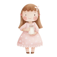 Fototapeta premium Watercolor cute little girl holding a milk bottle