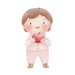 Obraz premium Cute watercolor child holding red apple on white