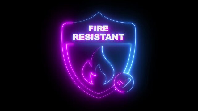 glowing neon fire resistant icon isolated on black background. Fire safety shield icon animation. flame, fireproof. Regulatory compliance. 4k video animation.
