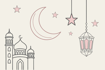 A serene night scene with a mosque, crescent moon, and star decorations isolated on transparent background, isolated on white background, Vector