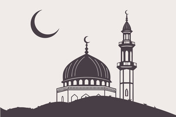 A serene mosque with a crescent moon and minaret against a night sky. isolated on transparent background, isolated on white background, Vector