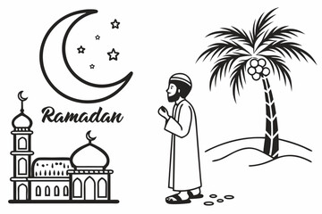 A serene depiction of a person praying during the holy month of ramadan isolated on transparent background, isolated on white background, Vector