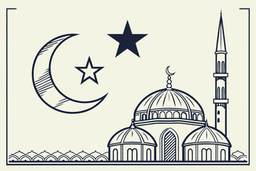 A serene mosque under a starry night sky with a crescent moon isolated on transparent background, isolated on white background, Vector